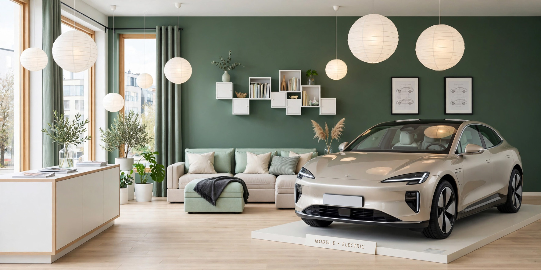 Rumah modern dan mobil dengan cahaya pagi yang lembut